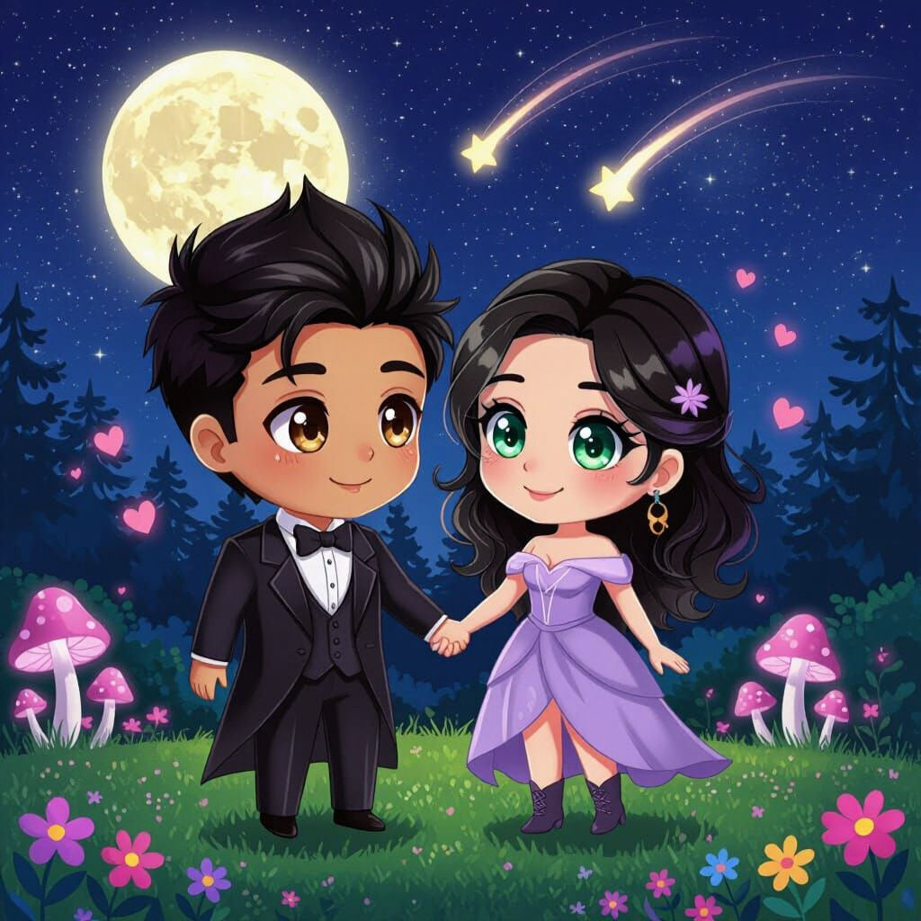A cute chibi couple holding hands and looking into each other's eyes with warm smiles.
The male character has spiky dark brown hair, a light...