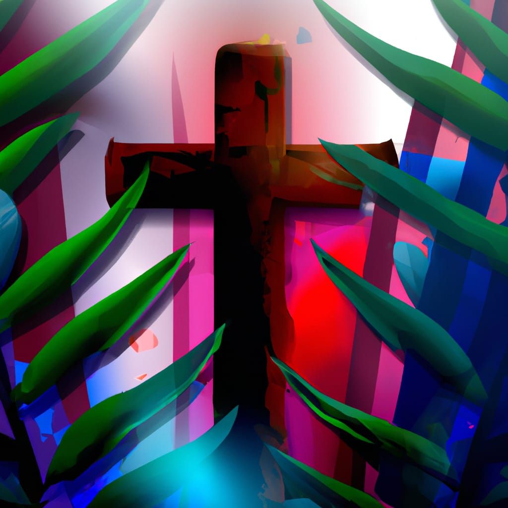 Wooden cross surrounded by palm leaves, Lord's lights in bac...