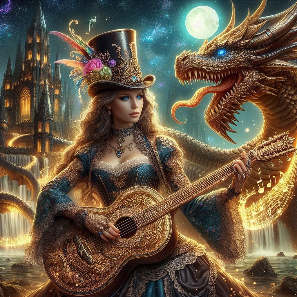 Steampunk Lady enchants her Dragon with a Guitar melody.