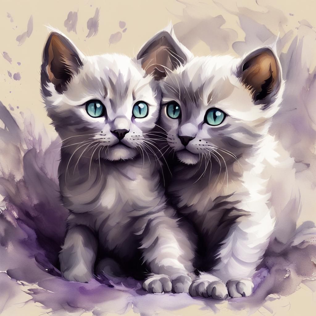 Playful Lilac Burmese Kittens in Ink Wash Style