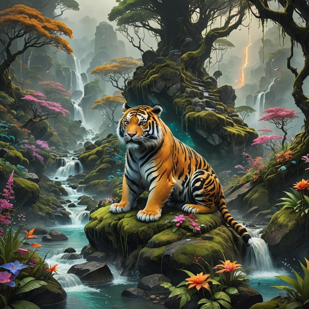 Tiger and Panda in Cosmic Forest, Digital Art
