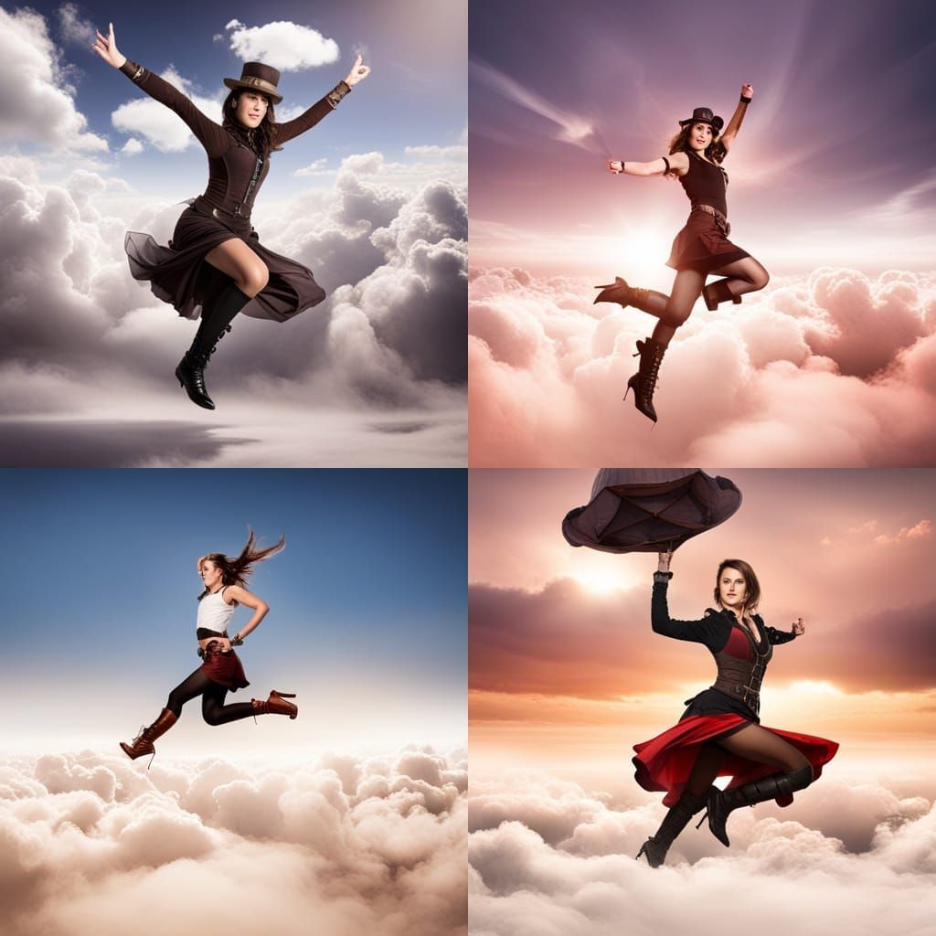 A steampunk woman jumping throw clouds high above the clouds