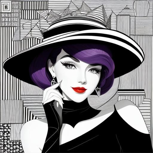 Elegant Woman in Cubism Style with Big Hat