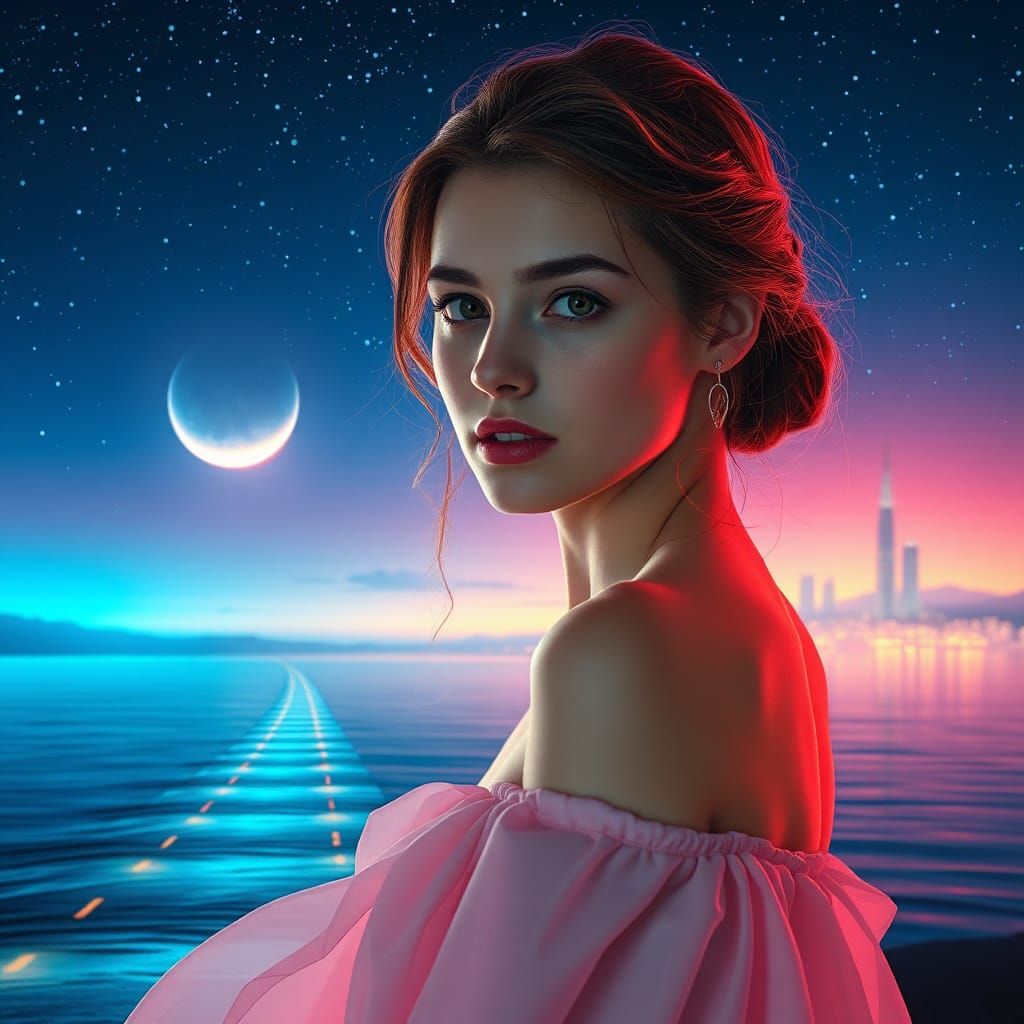 Woman in Gown with Starry Cyberpunk Background