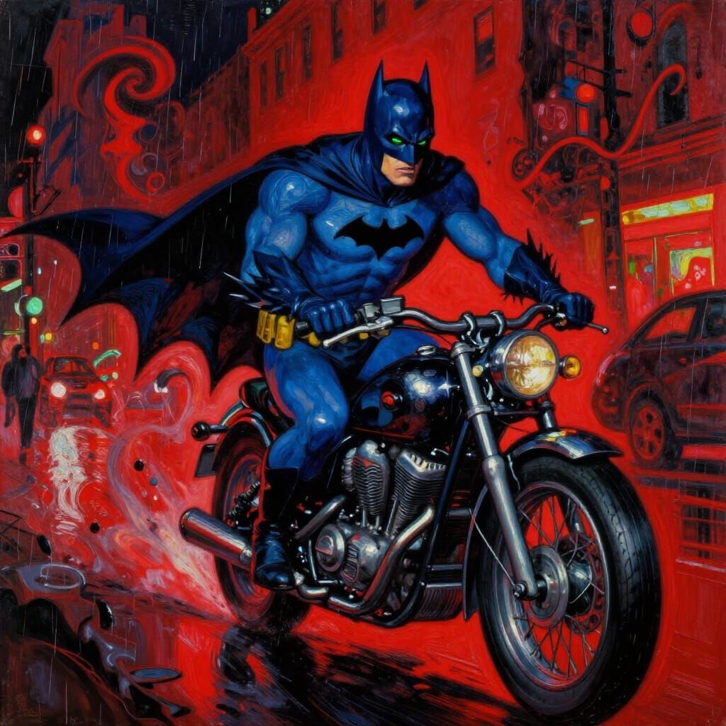 Expressionist Batman Rides Motorcycle Through Red-Hued NYC