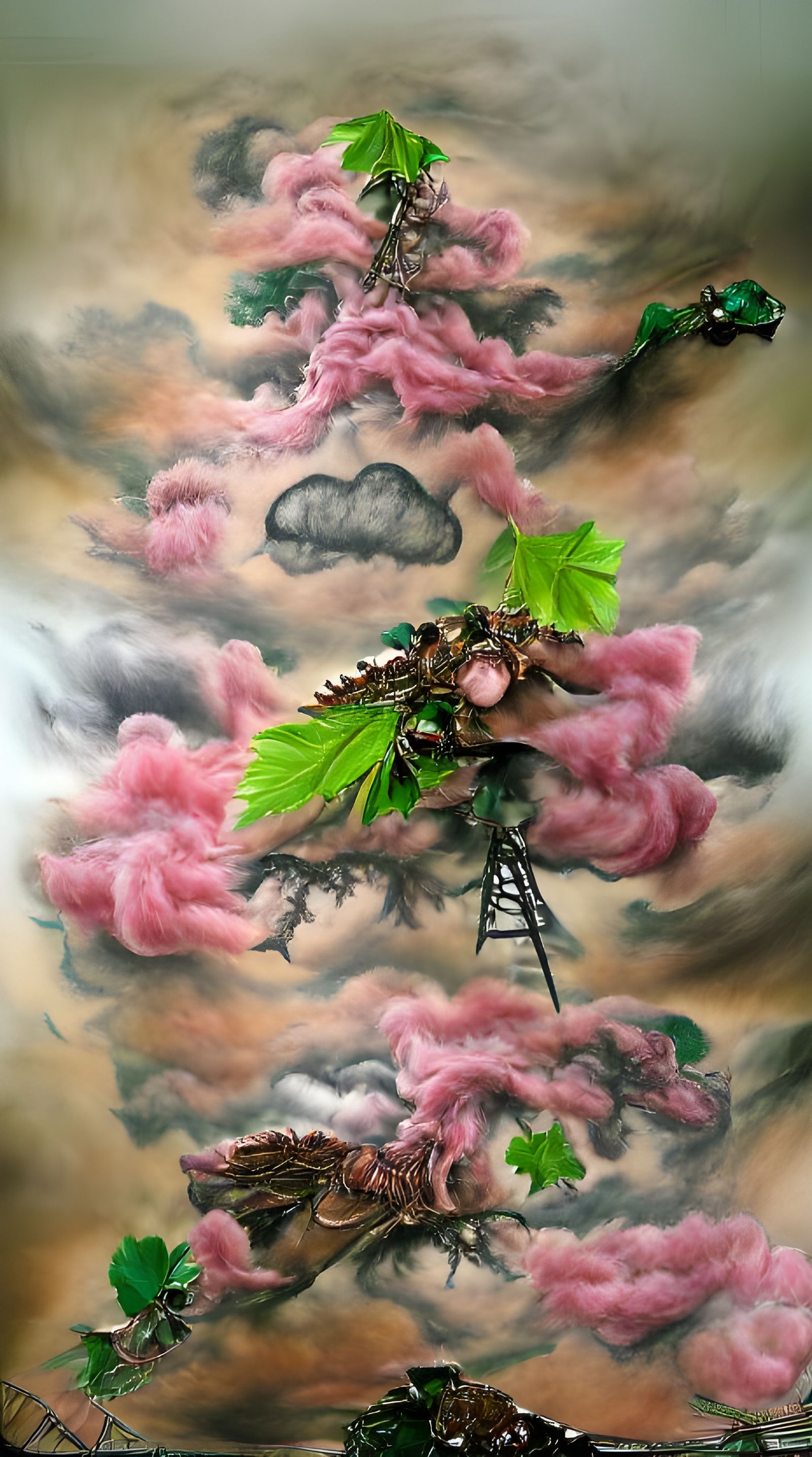 very high tree in the clouds steampunk