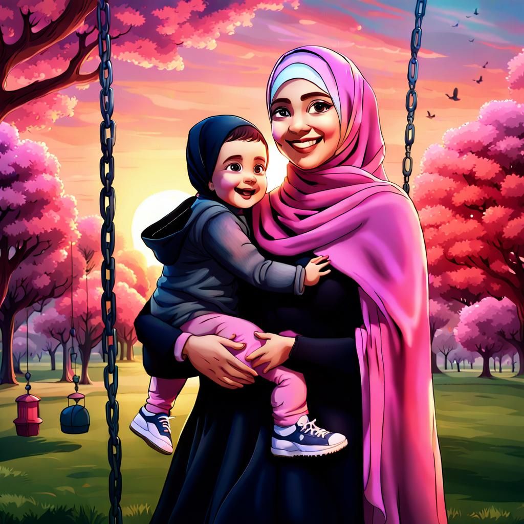 Mother and Son in Park at Sunset: Digital Matte Painting