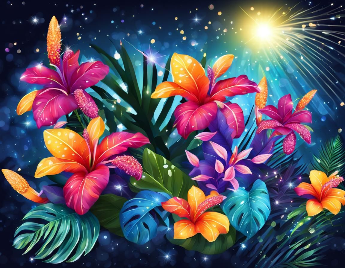 Bouquet of tropical flowers, luminous, sparkles, nighttime,
