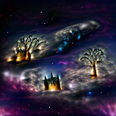 Galaxy castle planetary trees above dark matter clouds