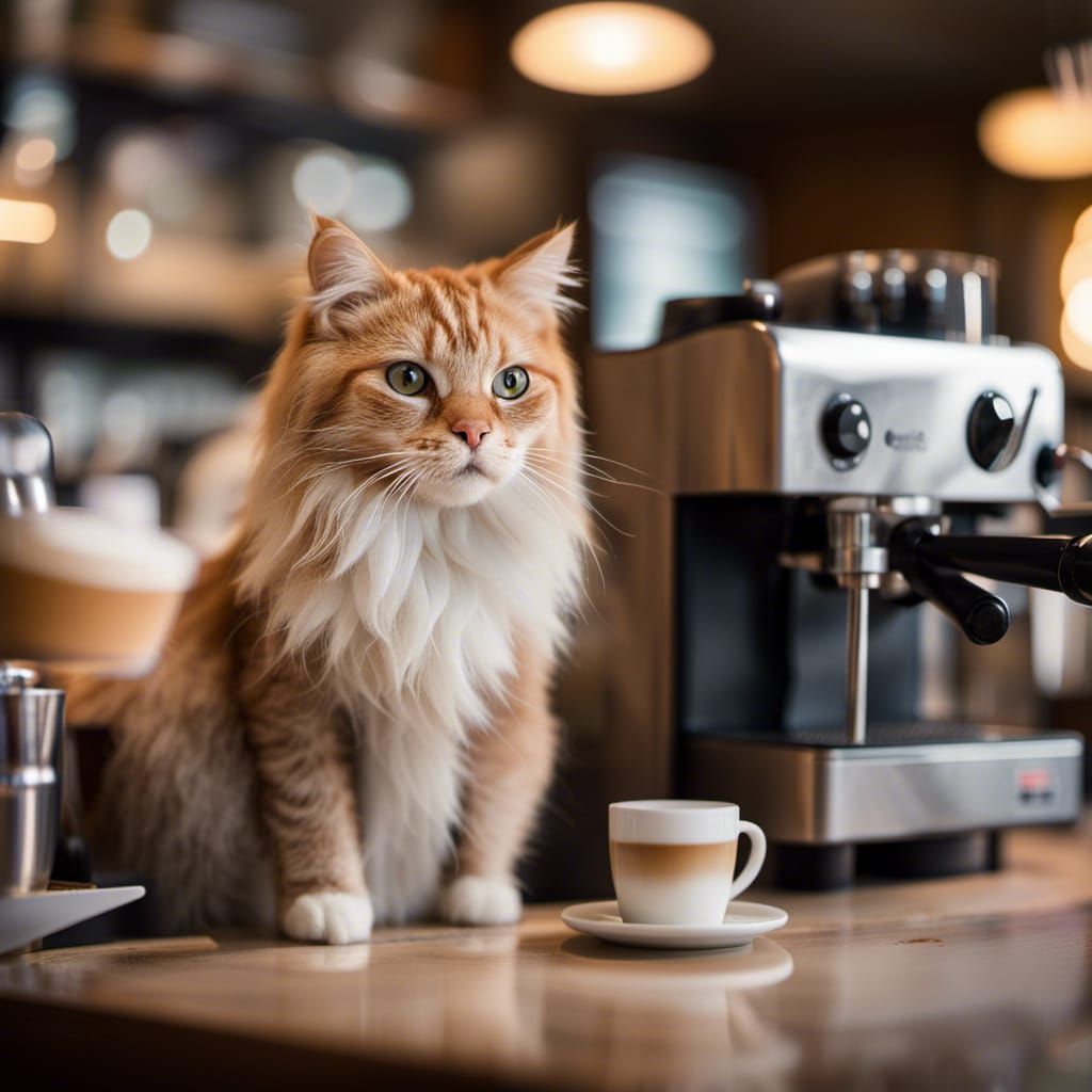 an image that resembles a photograph of a cat-operated coffee shop ...