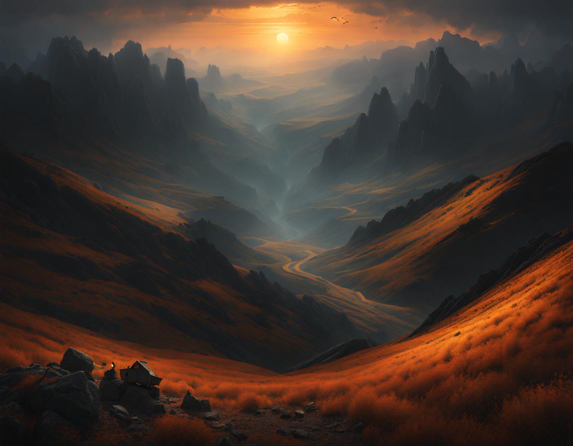 michal karcz cartoon painting of a beautiful landscape. , horror theme