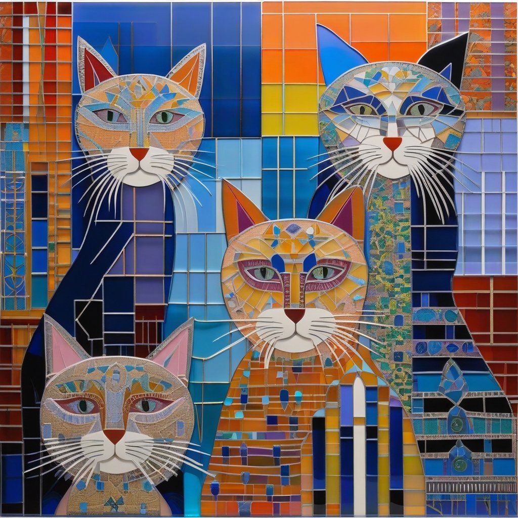 Cat family portrait, in stained glass.