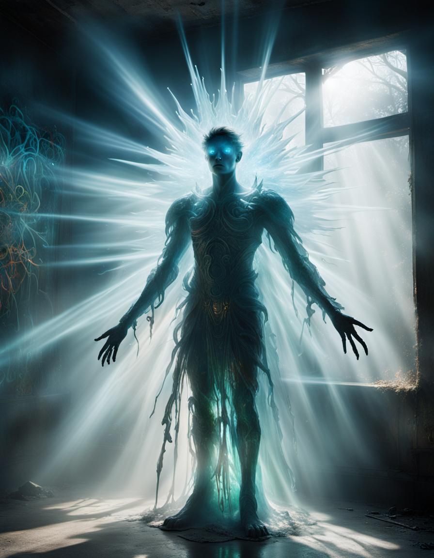 A surreal, dreamlike photograph featuring an opalescent glas...