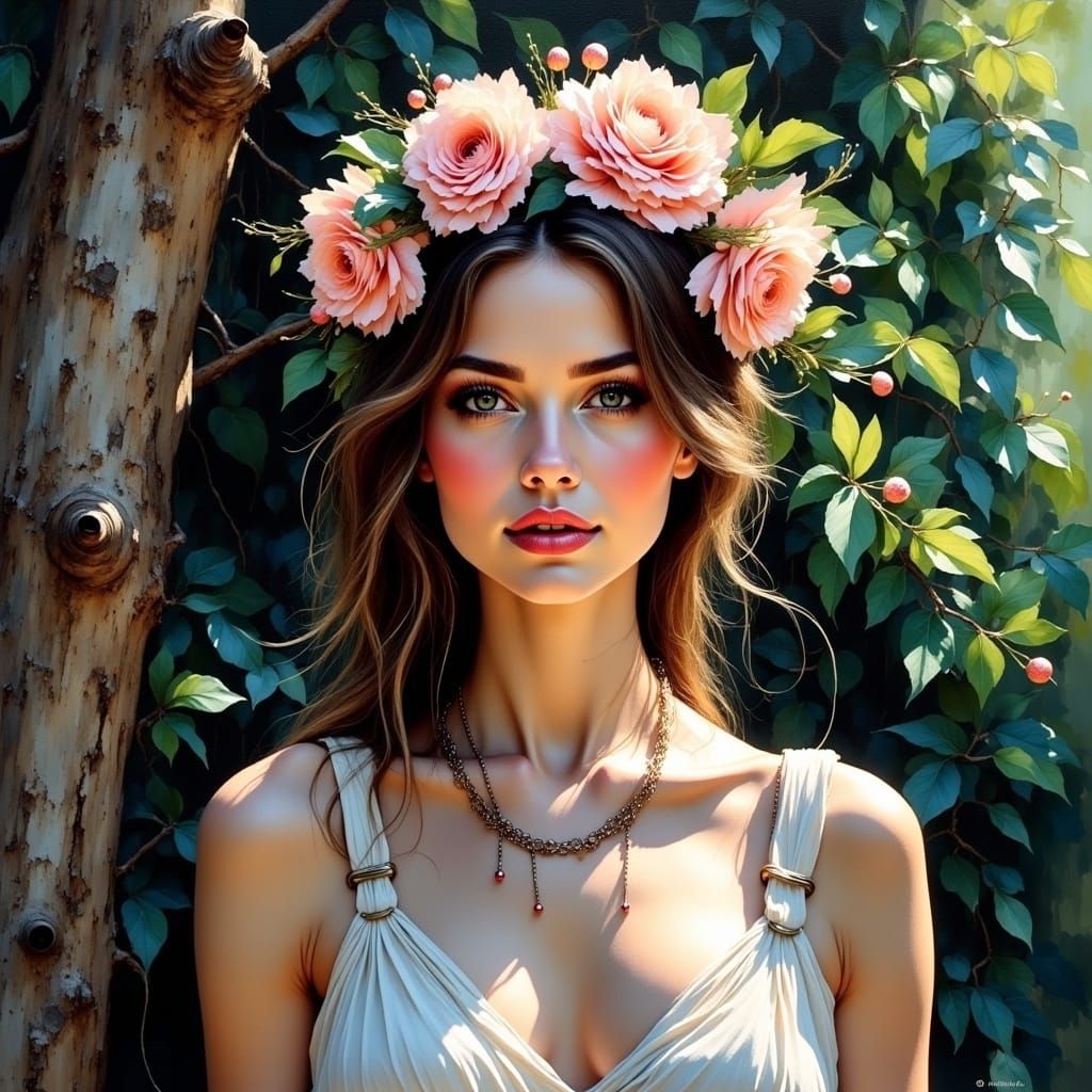 <lora:LightsCameraActionV2:1.0> oil impasto and inkdrip painting of a beautiful woman wearing a floral headdress, she is standing in dappled...