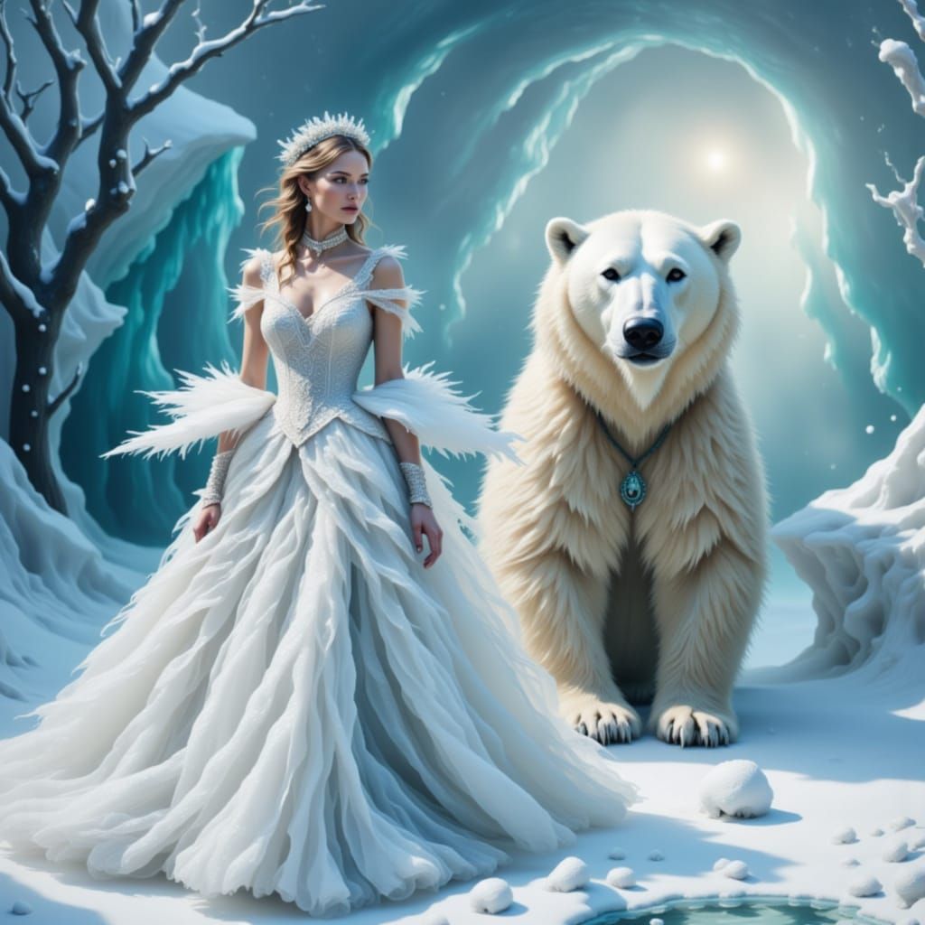 <lora:My pets:1.0><lora:My outfits:1.0> a model with a blizzard inspired runway dress next to a polar bear
