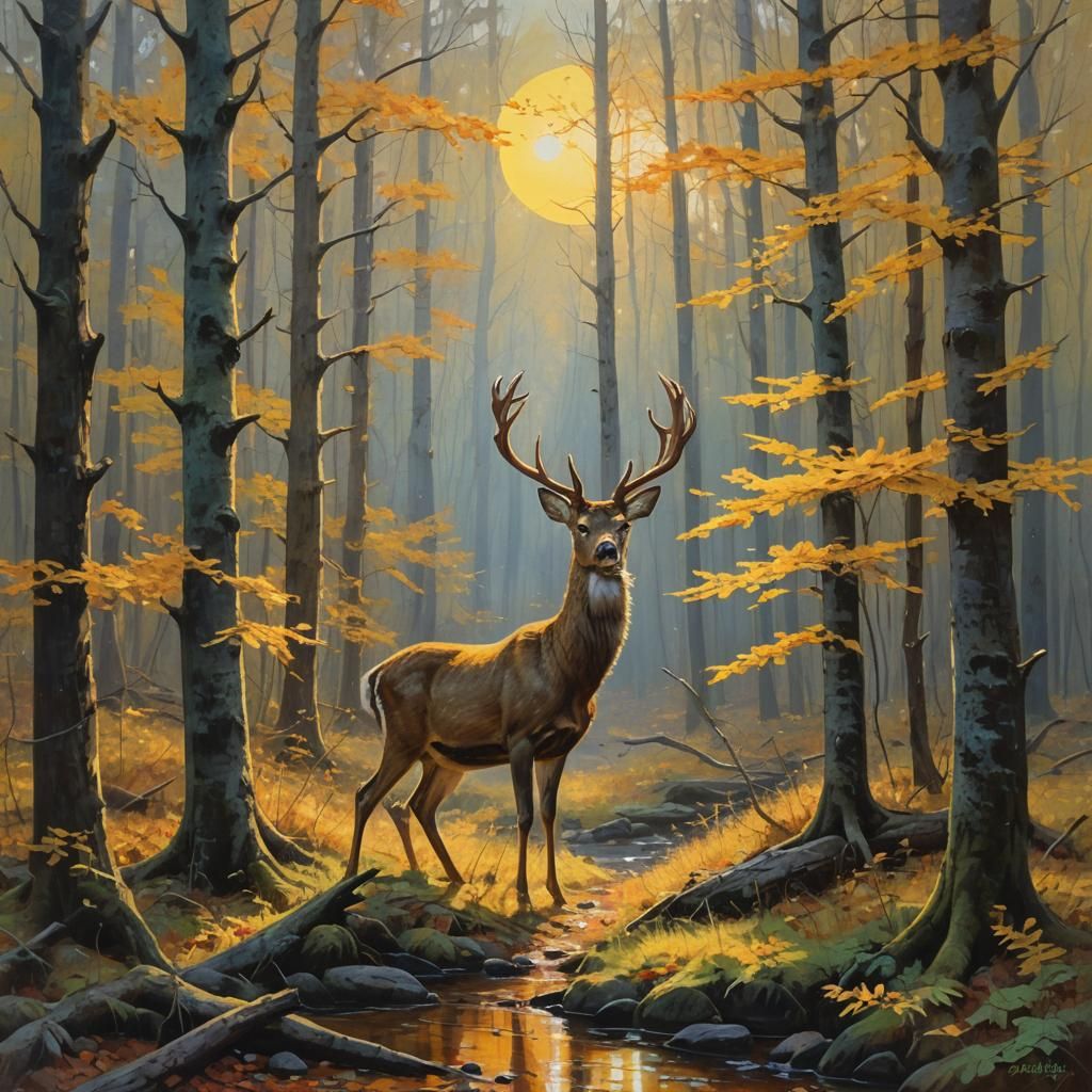 the deer is standing in the autumn forest, the yellow sun, t...