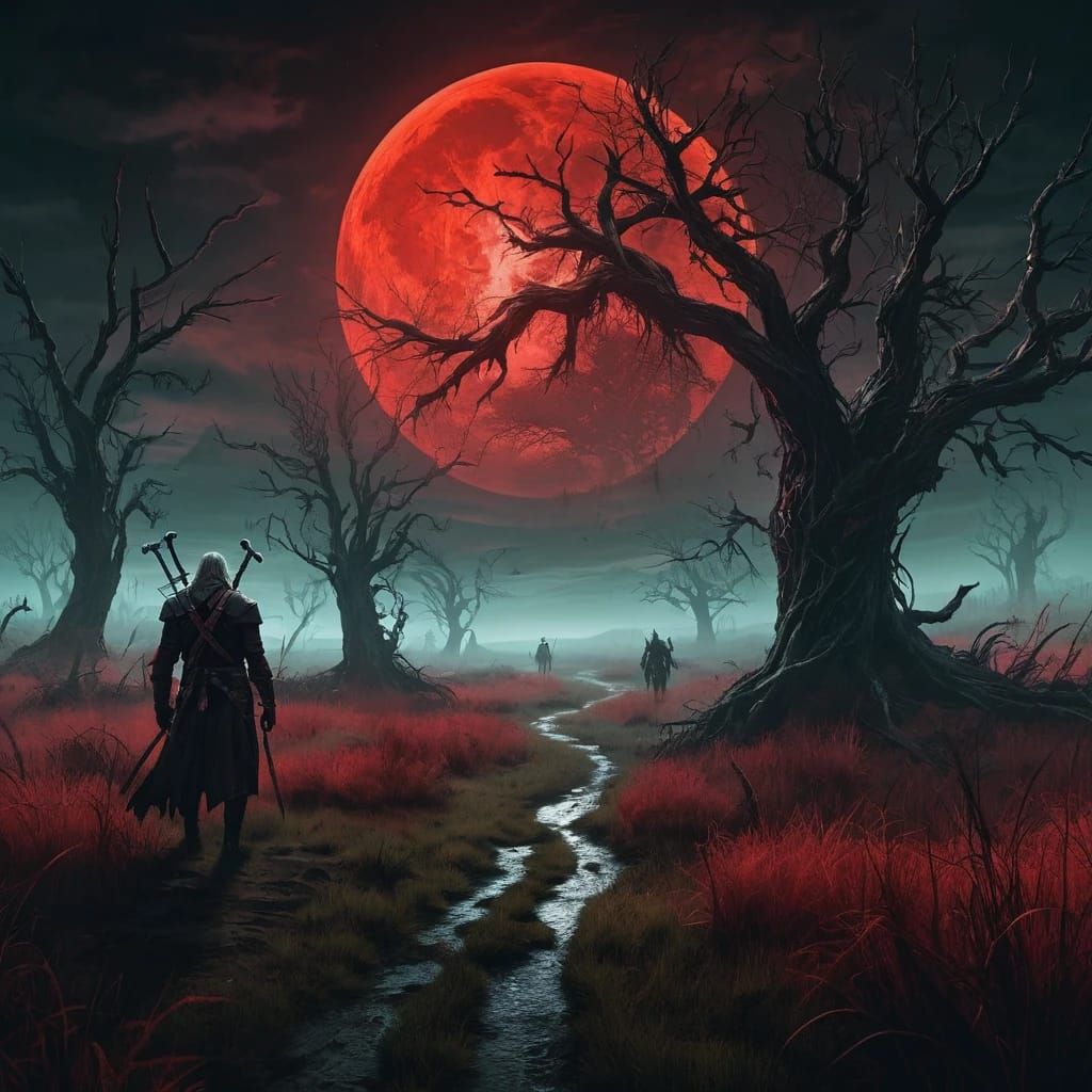 haunted grassland under a blood-red moon