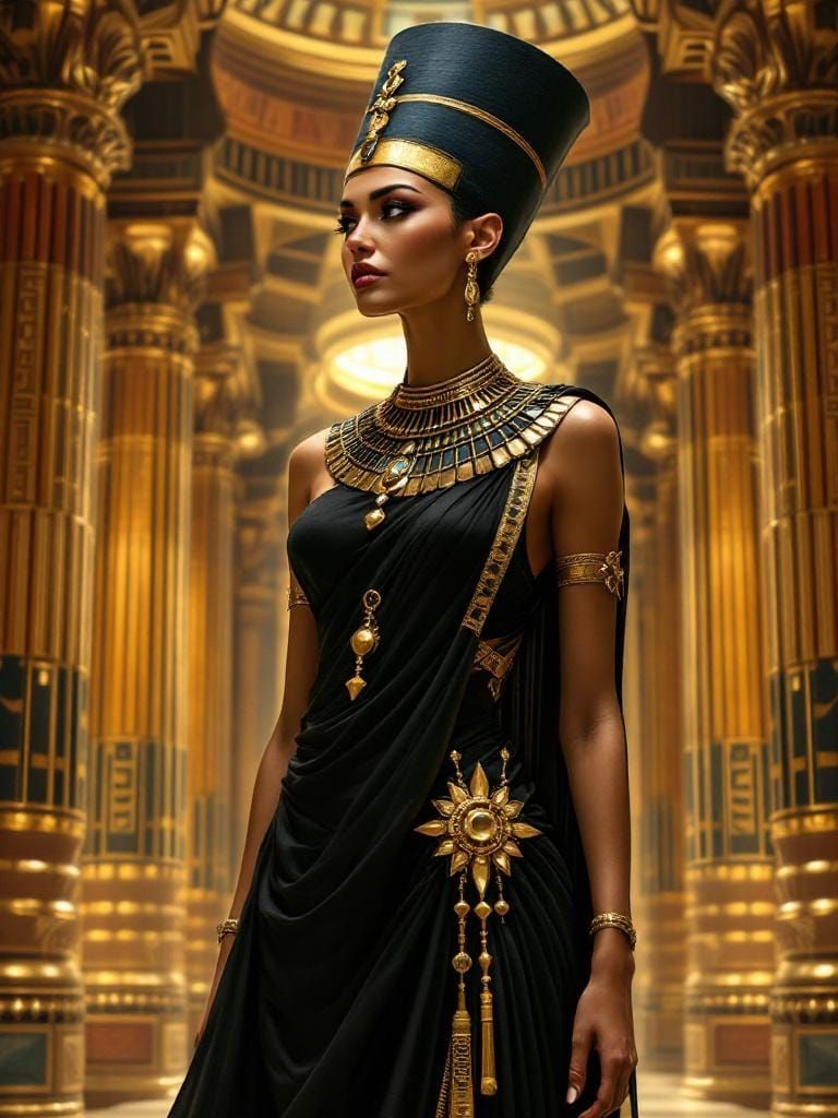 Setting is Egyptian palace. Person is seen fully in frame. Image of Nefertiti an incredibly beautiful slim but full chested egyptian queen w...
