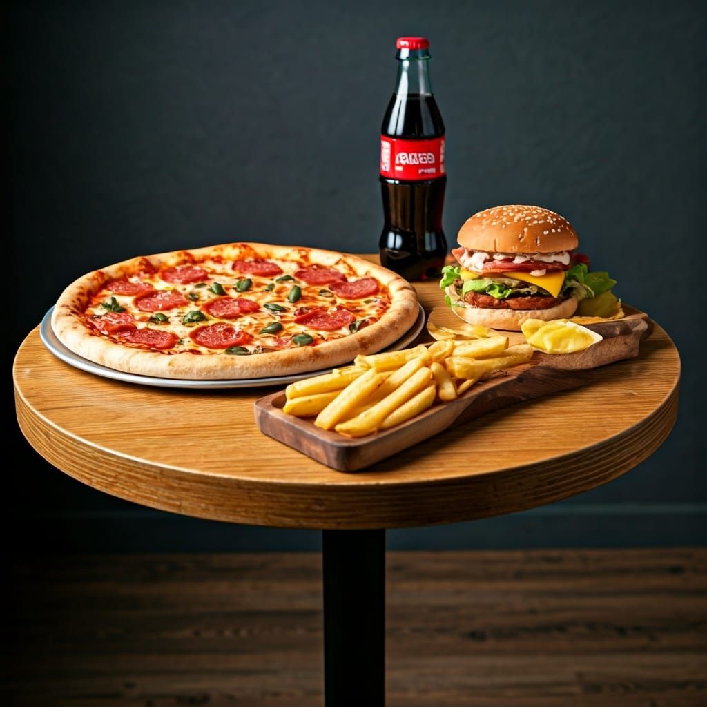 Pizza, Burger, and Cola on Wooden Table