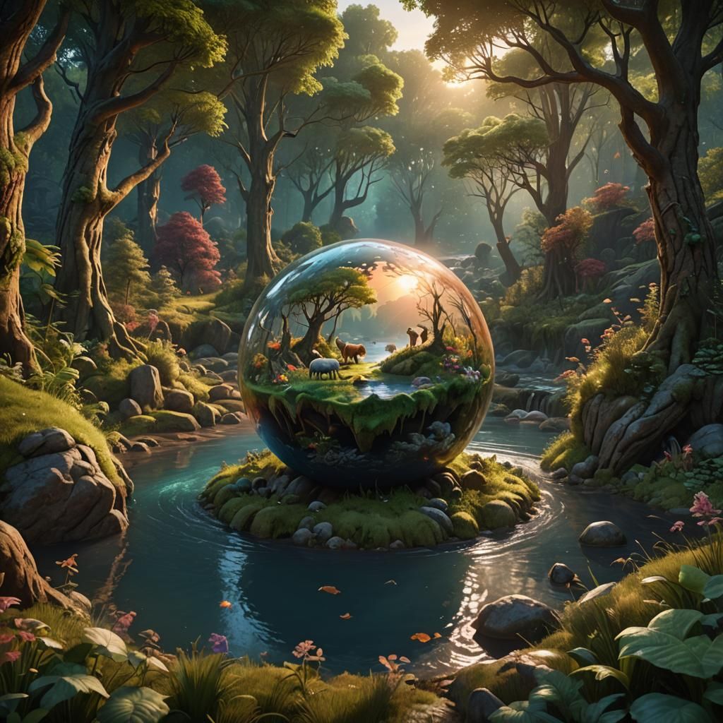 A forest inside a sphere with animals and a small river and a pretty sunset  by @KENERGRY 