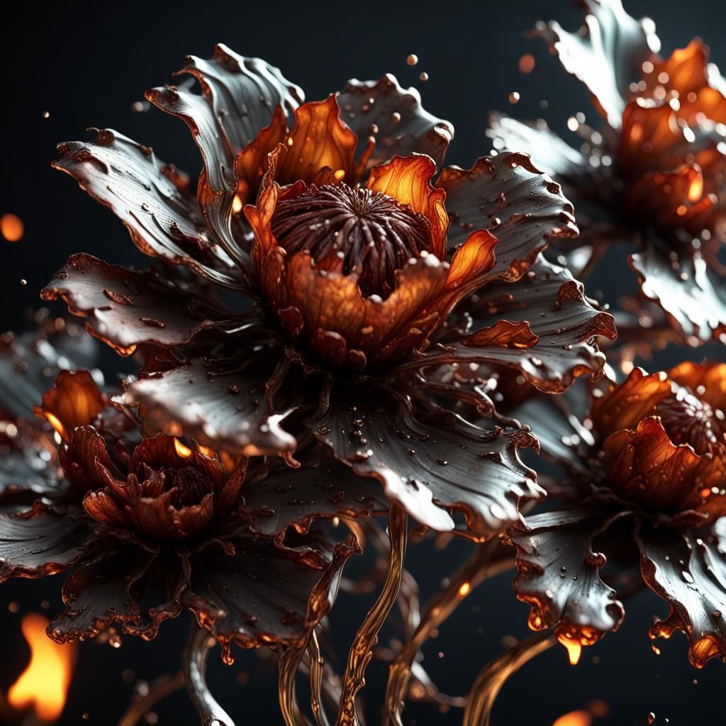 Dramatic close up of melting iron metal flowers