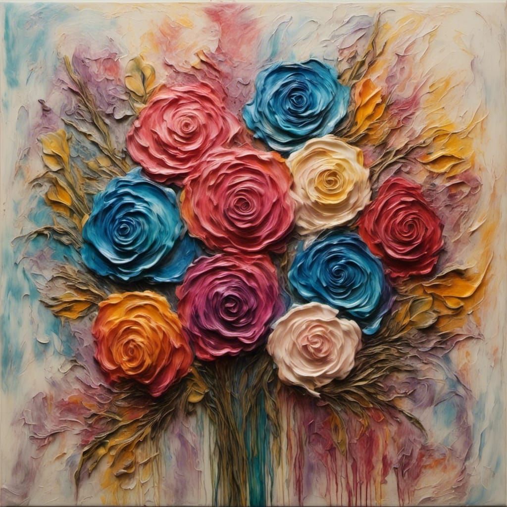 <lora:Wax Impasto:1.0> Vase of colored roses "A detailed encaustic shimmery painting on canvas featuring four-dimensional flowers made from...