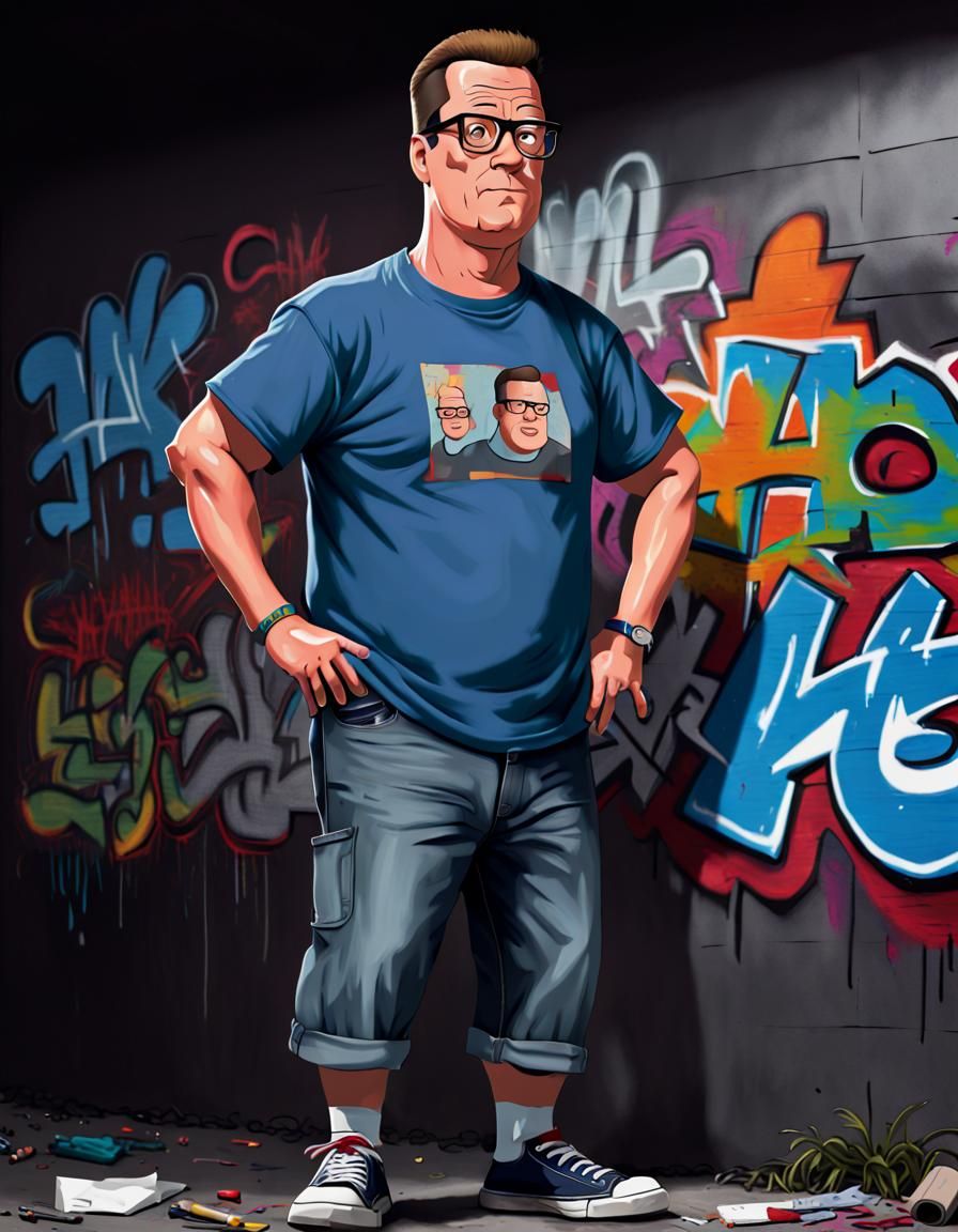 Hank Hill dressed as a graffiti artist, dark colors, Gary Ya...