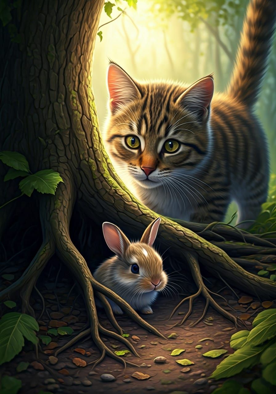A baby bunny hides under some tree roots from a giant cat.  by @Autumn