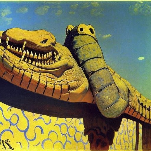 under the blue skies, shining in the sun, the big crocodile ...