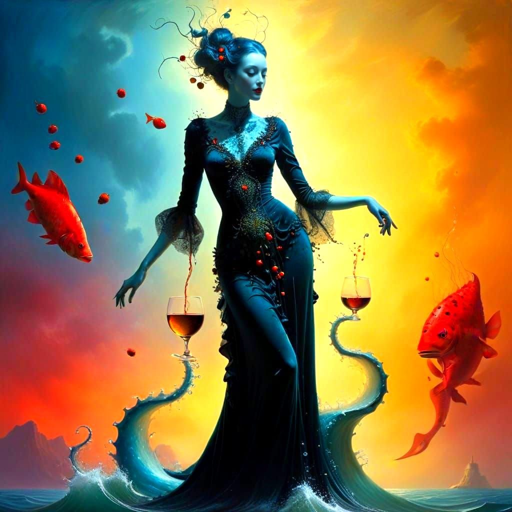 Surreal Fantasy Lady Sips Tea by the Sea