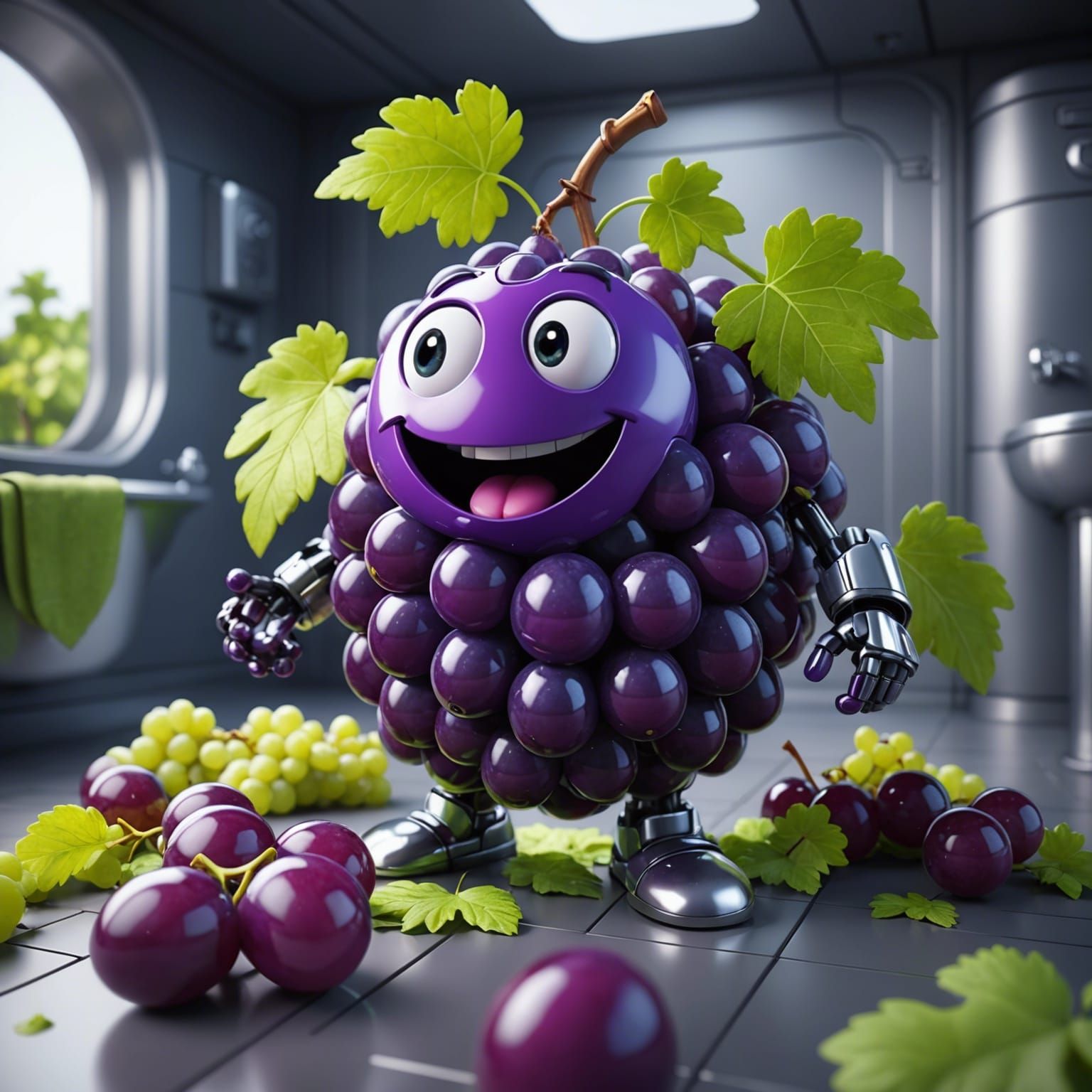 CGI cartoon relaxed happy grapes, tub, restroom