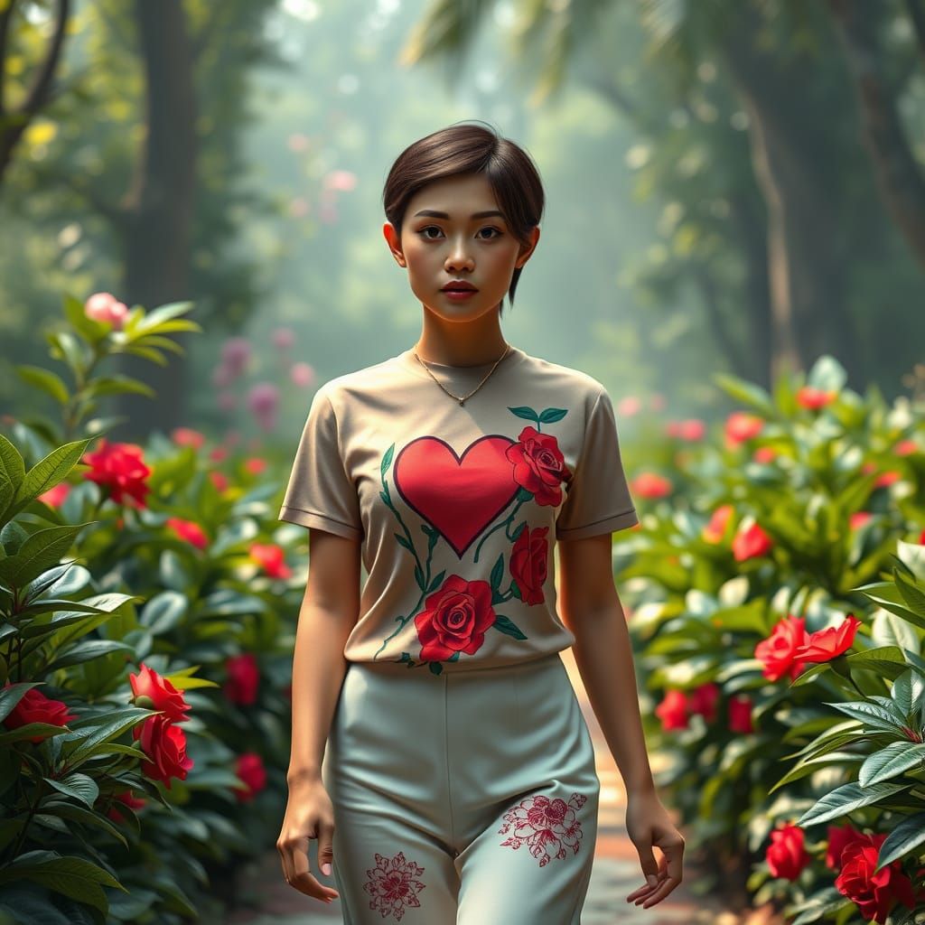 Gorgeous Thai Woman Struts Through Whimsical Garden in Cyber...
