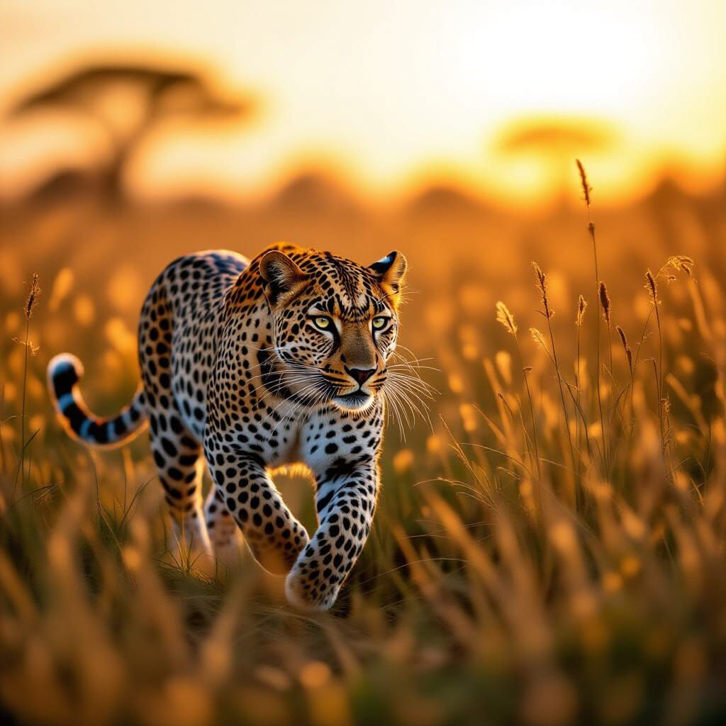 Leopard Hunting in Savanna Golden Hour