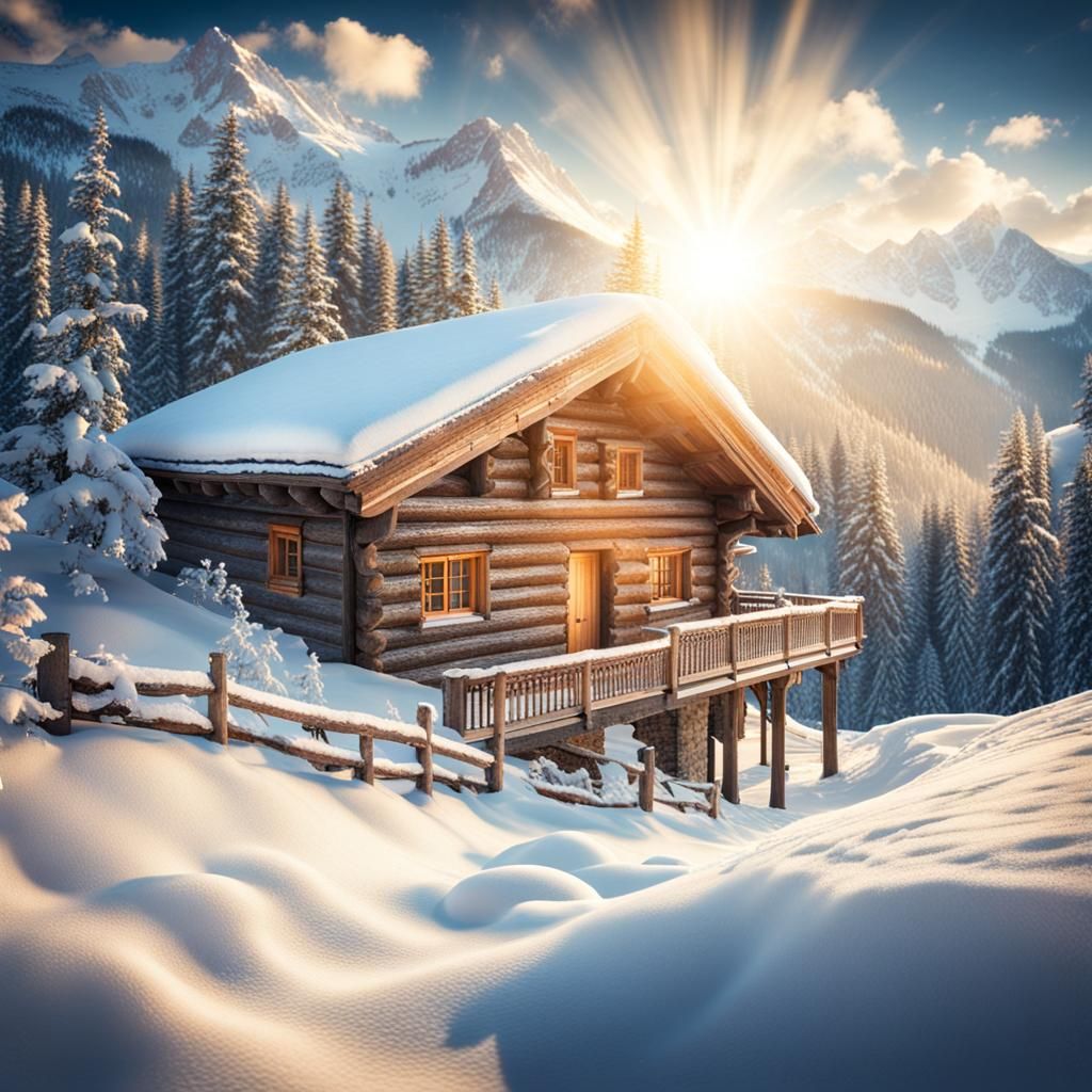 Imagine the sumptuous scene of a wooden chalet in the mounta...