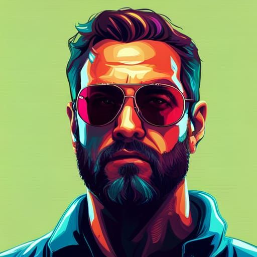 Portrait of a bearded guy with sunglasses and a gun