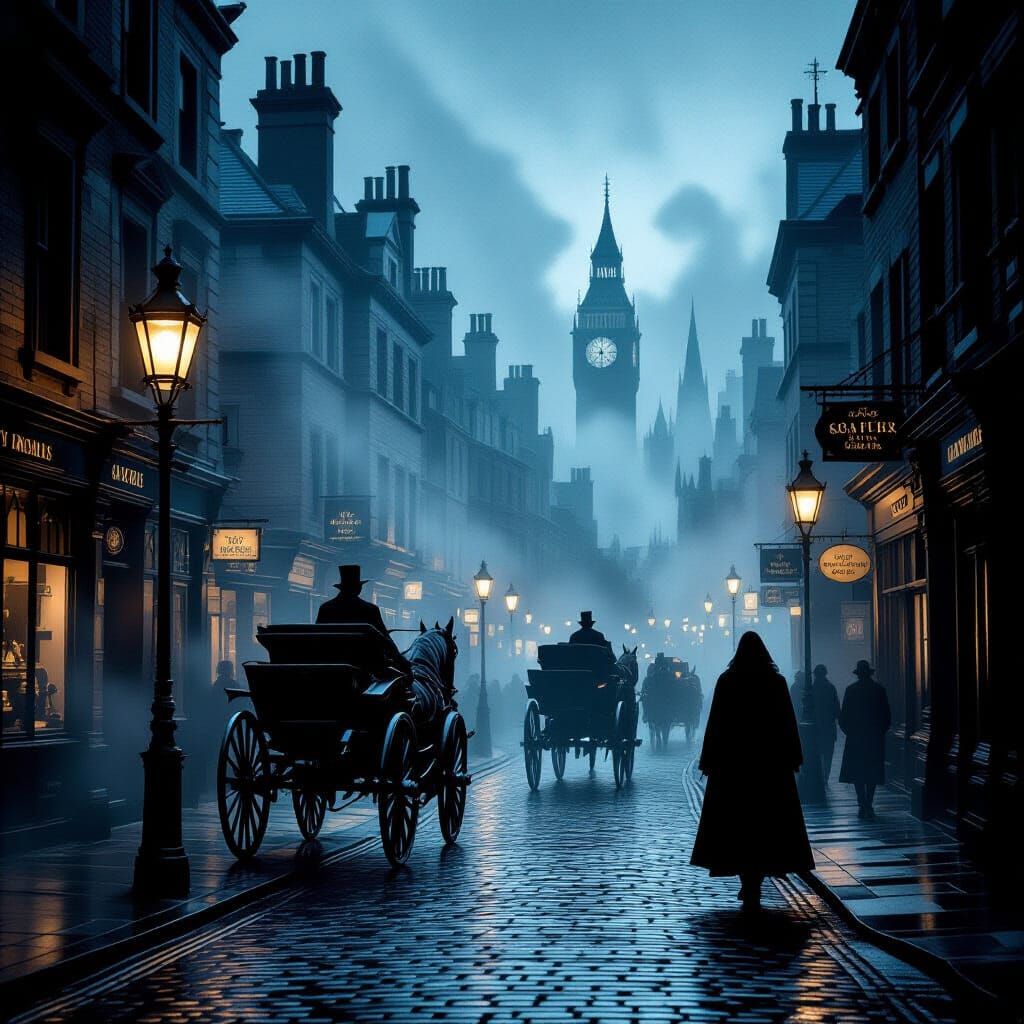 Victorian London Twilight in Fog with Gaslight and Mystery