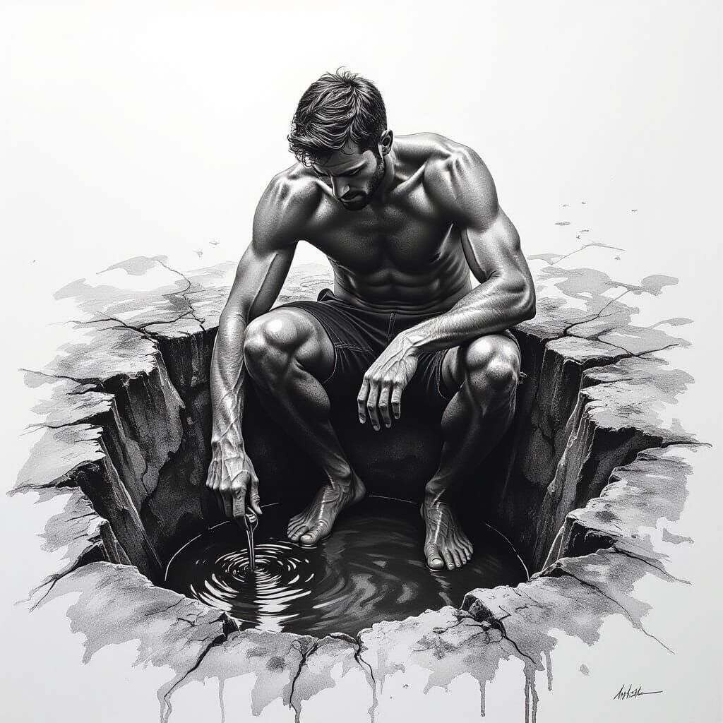 Man Rescued from Pit in Detailed Charcoal Drawing