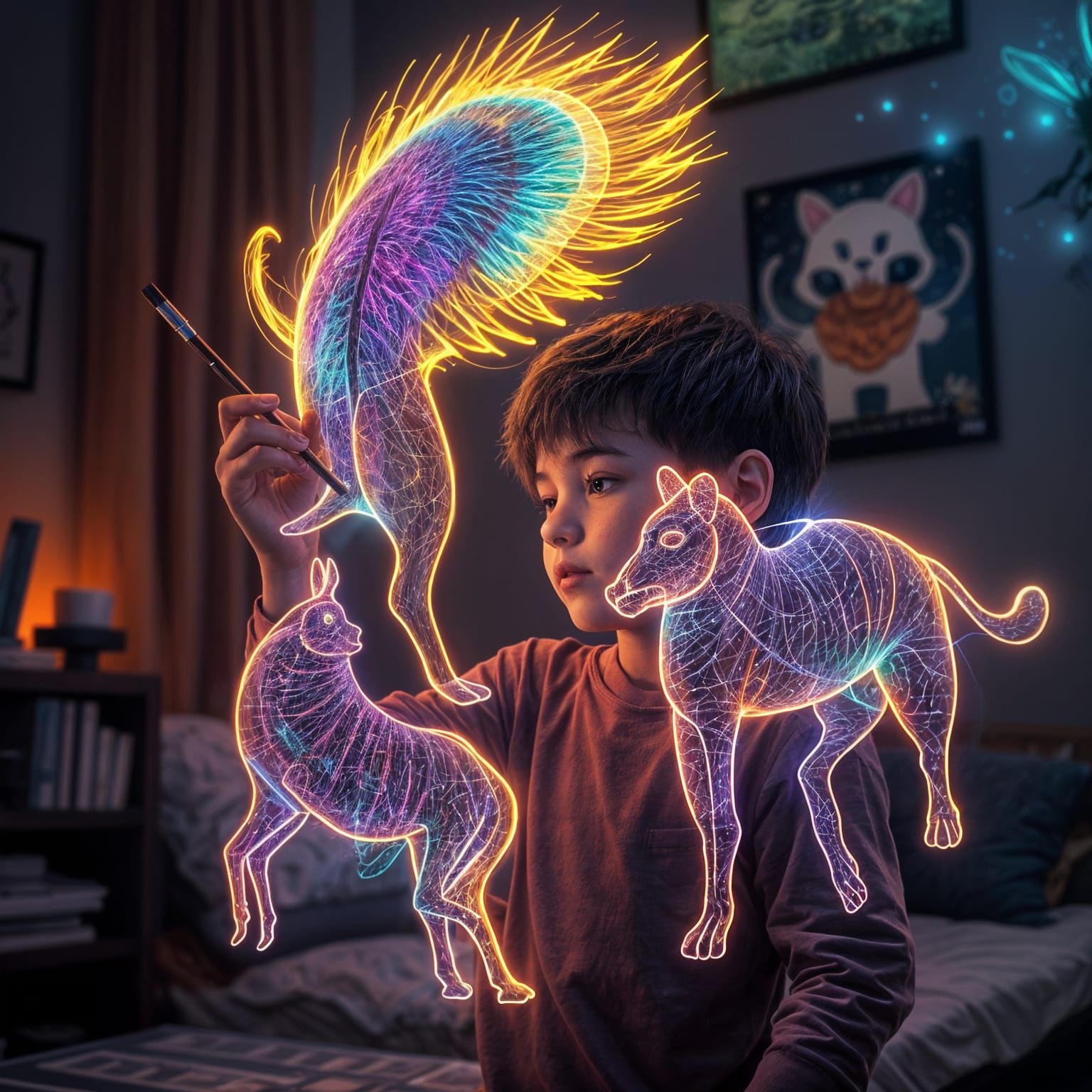Holograms Animals Concept art. Medium shot. Little Boy creating holograms in his room with a brush on ...  by @Lennis
