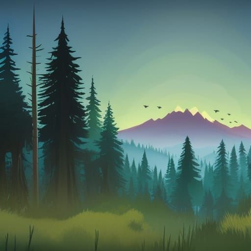 Firewatch style forest with mountains in background with a firewatch ...