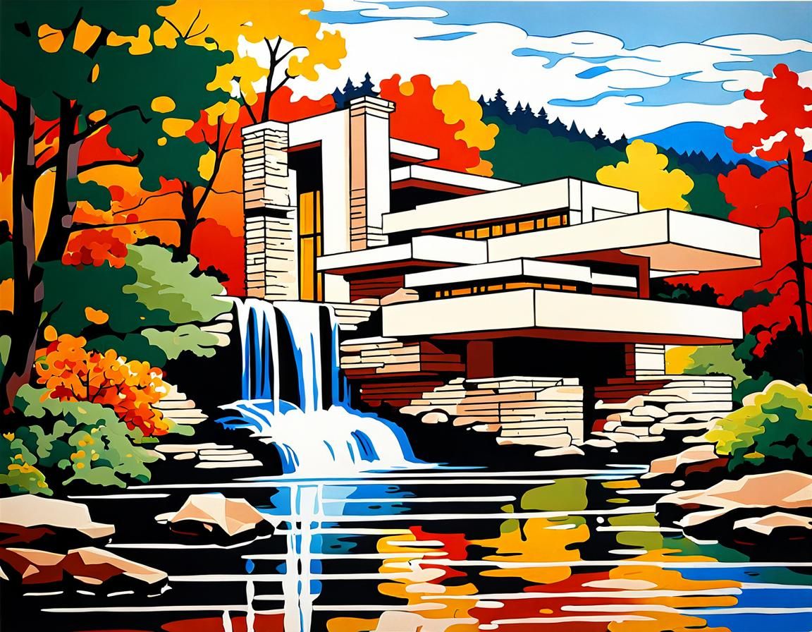 Falling water by frank lloyd wright with lake in front of it...