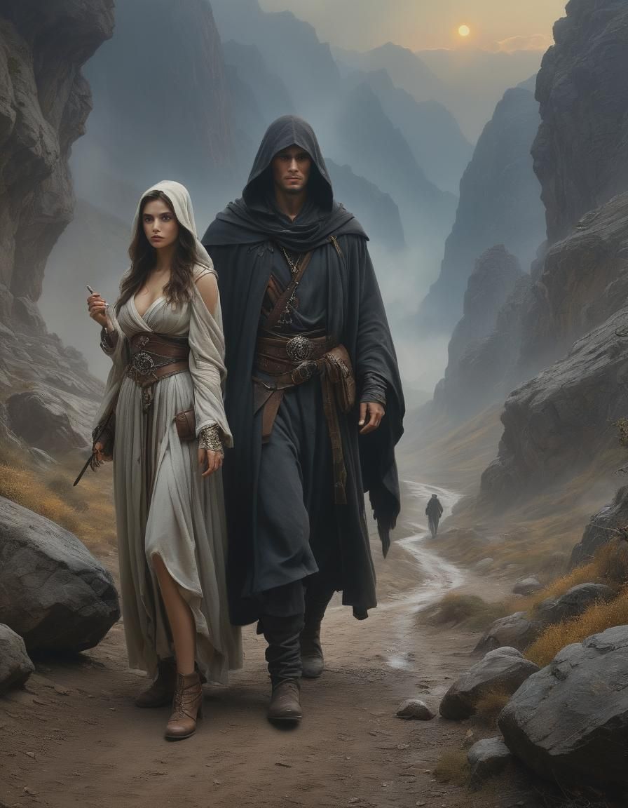 A hooded warlock master and his apprentice are on the road.