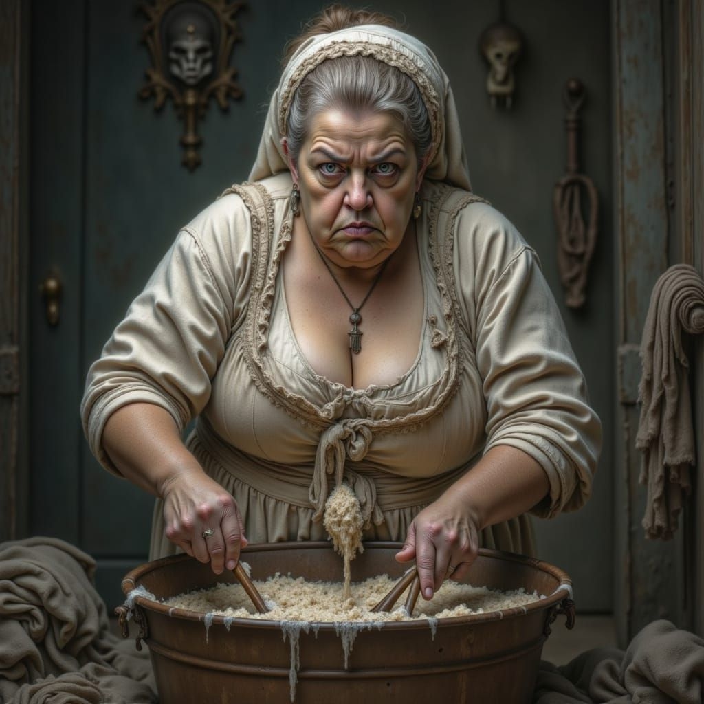 Obese woman in a maid's outfit with dirty linen robes, scrubbing laundry with a washboard in a bucket, exuding anger and helplessness, in a ...