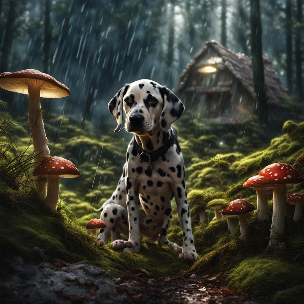 Dalmatian Puppy in Rainy Forest with Sunlight