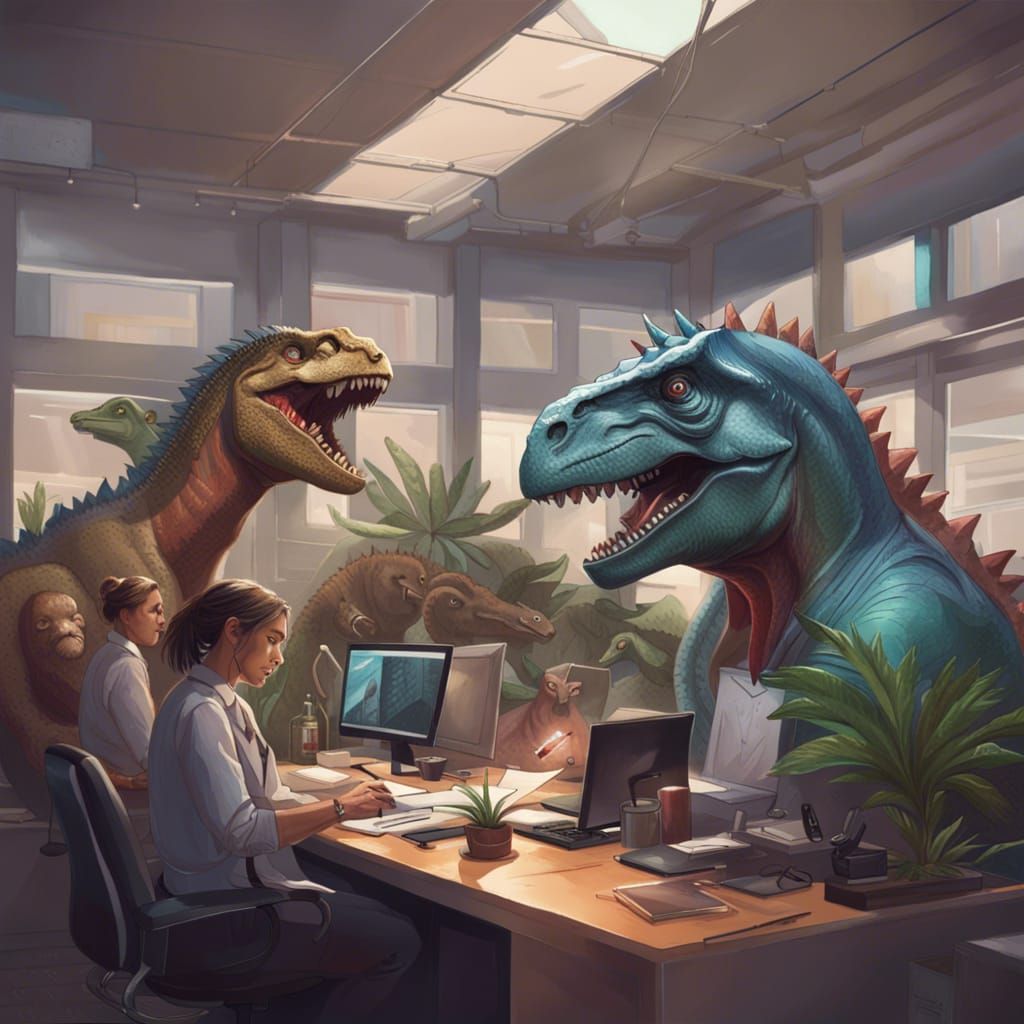Dinosaurs working in an office AI Generated Artwork NightCafe Creator