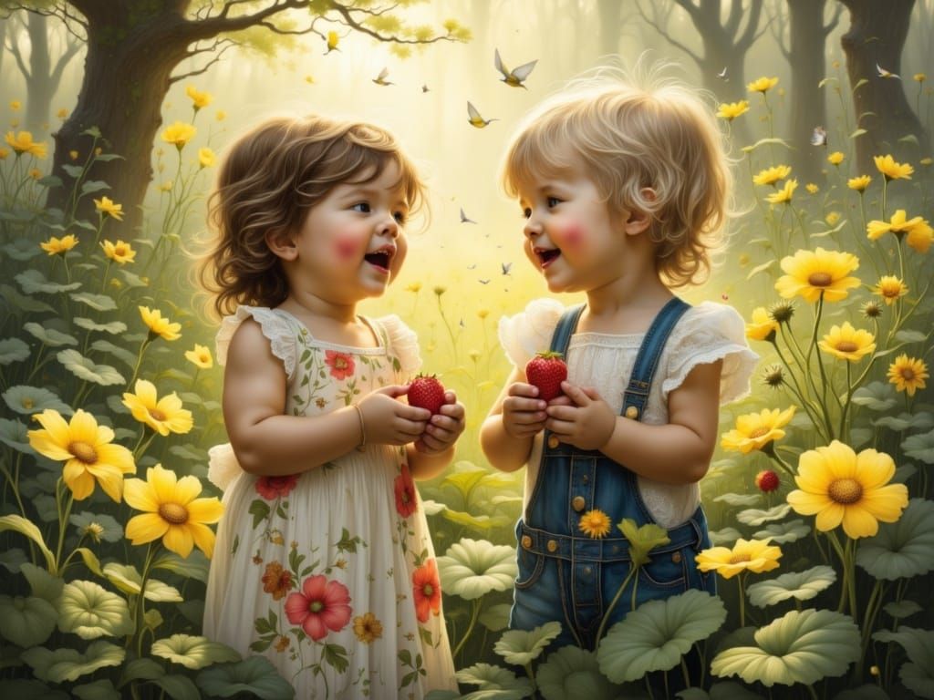 cute toddler siblings pick wild strawberries in a sunlit forest clearing, with wildflowers and birds, by Stewart Edmondson, Thomas Wells Sch...