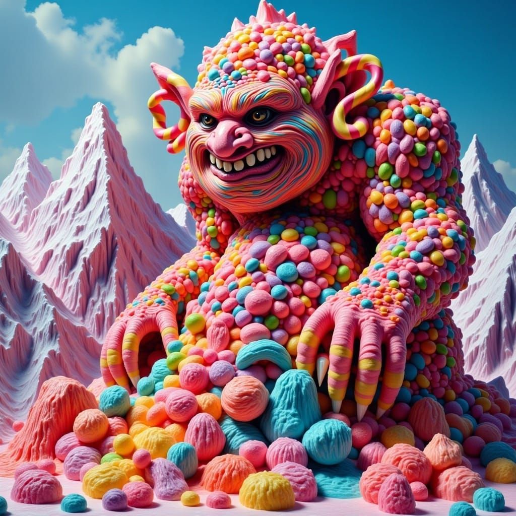 <lora:Candylike:1.0>A giant troll made entirely of many different kinds of candies and bubble gum in bold colors sitting on top of a mountai...