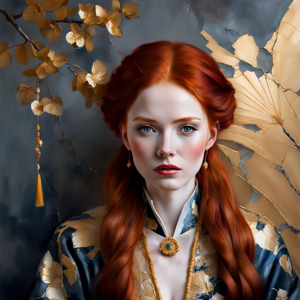 Portrait red haired seamstress with cracked porcelain skin, ...