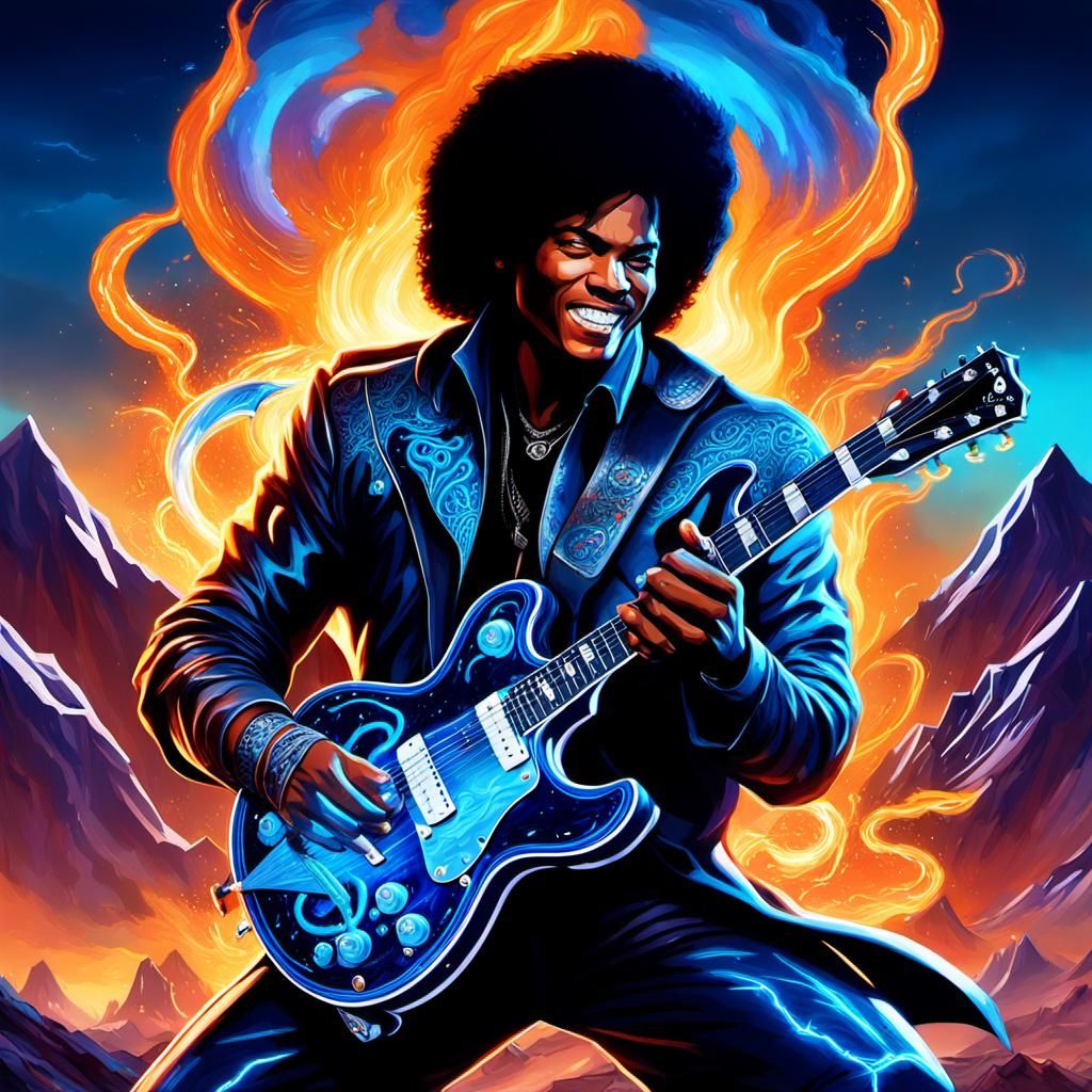 Happy Michel Jackson playing a neon blue chrome metal snake ...