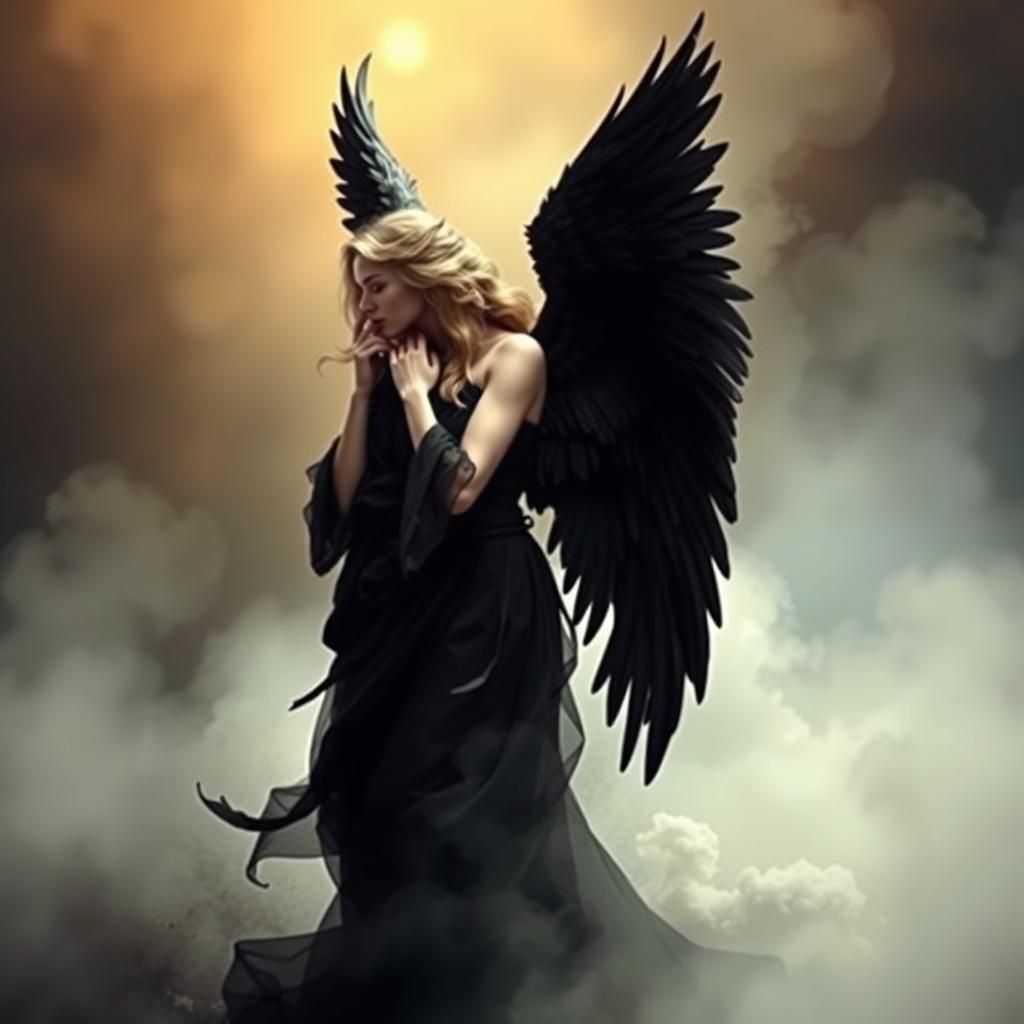 Beautiful Angel with Black Wings Feathers falling off and tu...