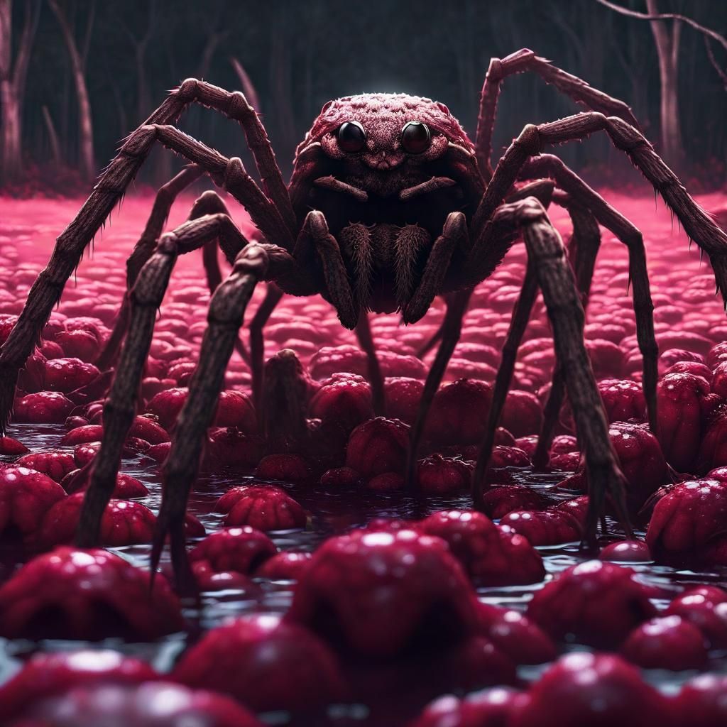 Wolf spiders crawling on a man standing in a cranberry bog with frogs